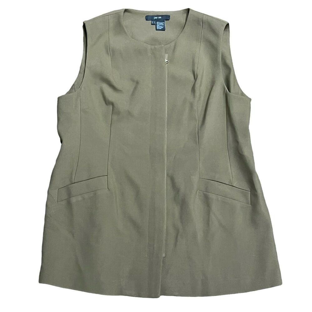Per Se Womens Tan Beige Sleeveless Front Zip Career Tunic Vest Jacket Size 14